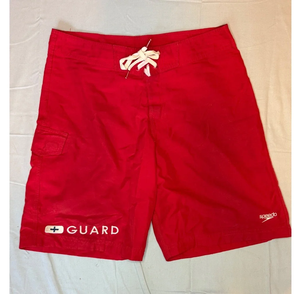 Y2K Speedo Lifeguard Board Shorts Mens 33 Red Guard Swim Trunks Beach Surf Cargo